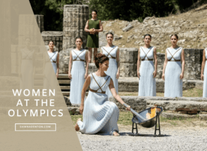 women lighting the Olympic flame in ancient Greece